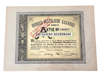 Германия акция в 1000 марок 1922 компании Rheinisch-Westfälische Kalkwerke AG / специализировалась на добыче известняка и производстве извести для сталелитейной промышленности бумага 5555-27