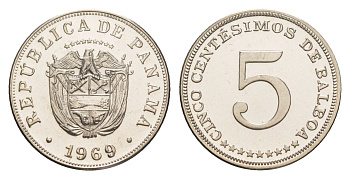 Панама 5 сентесимо 1969 тираж 14.000 экземпляров KM 23.2 медно-никель PROOF 1524-644