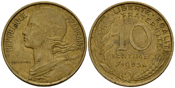 Франция 10 сантимов 1963 тип Marianne KM 929 алюминиевая бронза 4584-322