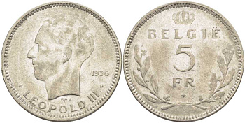 Бельгия 5 франков 1936 Леопольд III (1934-1951), Belgie KM 109 никель 3851-531
