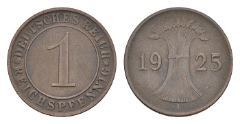 Германия 1 рейхспфенниг 1925 A KM 37, J. 313 бронза 4644-1032