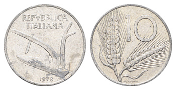 Италия 10 лир 1978 R, плуг, колосья KM 93 алюминий 4704-551