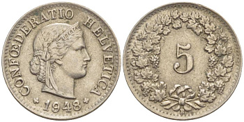 ШВЕЙЦАРИЯ 5 РАППЕНОВ 1948 В KM 26 медно-никель 4532-944