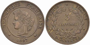 ФРАНЦИЯ 5 САНТИМОВ 1897 A, ТРЕТЬЯ РЕСПУБЛИКА (1871-1940) KM 821.1, LE FRANC 118.41 бронза 108-751