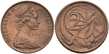 АВСТРАЛИЯ 2 ЦЕНТА 1974 ЕЛИЗАВЕТА II, МОЛОДОЙ ПОРТРЕТ, ПЛАЩЕНОСНАЯ ЯЩЕРИЦА (FRILLED LIZARD) KM 63 бронза 4566-414