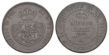 Испания 1/2 реала 1851 Изабелла II (1833-1868) KM 591 медь 3896-1115