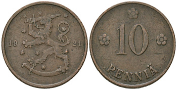 Финляндия 10 пенни 1921 H KM 24 медь 4615-336