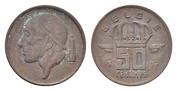 Бельгия 50 сантимов 1957 Belgie, Бодуэн I (1951-1993) KM 149 бронза 4705-255