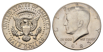 США 1/2 доллара (50 центов) 1985 D, Джон Кеннеди KM A202b медь плакированная медно-никелем UNC 4672-624