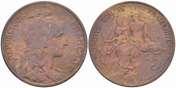 ФРАНЦИЯ 5 САНТИМОВ 1916 ТИП ДАНИЭЛЬ ДЮПЮИ, INCLUS KM 842, LE FRANC 119.29 бронза 108-954