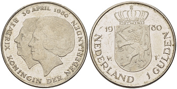 Нидерланды 1 гульден 1980 на коронацию Беатрикс, 30 апреля 1980 KM 200 никель 31-843