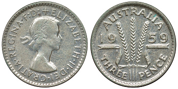 Австралия 3 пенса 1959 m, Елизавета II (1952-2022) KM 57 серебро 71-624