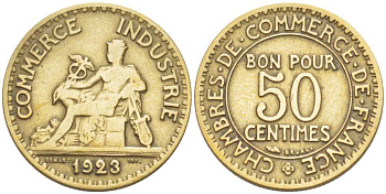 ФРАНЦИЯ 50 САНТИМОВ 1923 CHAMBRES DE COMMERCE KM 834, LE FRANC 191.6 алюминиевая бронза 105-453