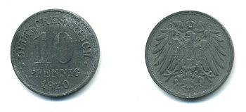 ГЕРМАНИЯ 10 ПФЕННИГОВ 1920 KM 26, J. 299 цинк 23-746