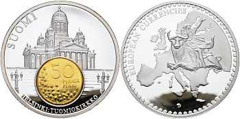 НИДЕРЛАНДЫ МЕДАЛЬ ND МОНЕТА НА МЕДАЛИ, СЕРИЯ ДОЕВРОВЫЕ ЕВРОПЕЙСКИЕ МОНЕТЫ, ФИНЛЯНДИЯ 50 ПЕННИ, ХЕЛЬСИНКИ, ДИАМЕТР 50 ММ. серебрение PROOF 1069-4-11
