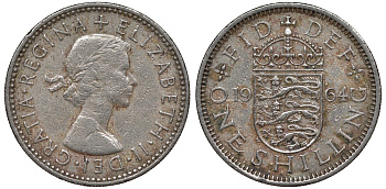 Великобритания 1 шиллинг 1964 Елизавета II (1952-2022), Английский герб KM 904, Spink 4147 медно-никель 4122-1045