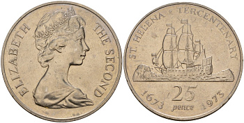 Остров Святой Елены 25 пенсов 1973 300 лет восстановлению британского владения островом KM 5 медно-никель 4125-915
