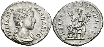 Римская Империя денарий 228 Юлия Мамея, мать Александра Севера FELICITAS PVBLICA Фелицитата, персонификация Счастья Рим Good Very fine RIC 335 серебро 000-00-00