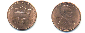 США 1 ЦЕНТ 2010 D ЛИНКОЛЬН, ЩИТ KM 469 цинк плакированный медью 86-415