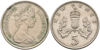 Великобритания 5 пенсов 1968 Елизавета II (1952-2022) KM 911, Spink 4233 (D1) медно-никель 4584-447