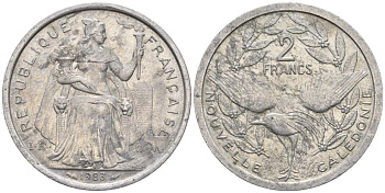 Французская Новая Каледония 2 франка 1983 птица кагу, (IEOM) KM 14, Schoen 11, Lec 63 алюминий    08-1116