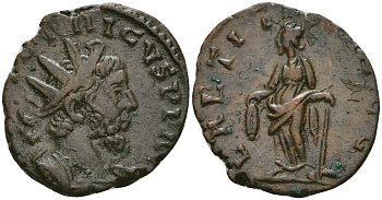 Римская Империя, императоры в Галлии антониниан 271 - 274 Тетрик, IMP TETRICVS P F AVG, бюст императора / LAETITIA AVGG, Летиция, персонификация Веселья RIC 88 биллон 1073-19-117