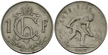 Люксембург 1 франк 1957 KM 46.2 медно-никель 4166-513