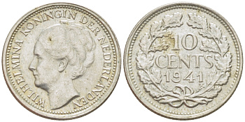 Нидерланды 10 центов 1941 Вильгельмина I (1890-1948) КМ 163 серебро aUNC 84-212