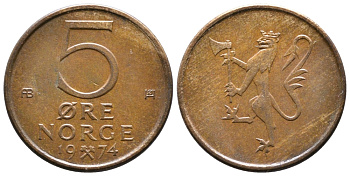 НОРВЕГИЯ 5 ЭРЕ 1974 KM 415 бронза 177-834