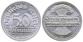 Германия 50 пфеннигов 1921 A KM 27, J.301, Weege 10 алюминий 4380-833