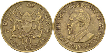 Кения 10 центов 1978 Джомо Кениата KM 11 никель латунь 4590-925