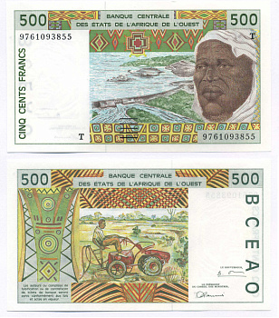 ВАЛЮТНЫЙ СОЮЗ СТРАН ЗАПАДНОЙ АФРИКИ, ТОГО 500 ФРАНКОВ 1997 БУКВА Т, ПОДПИСЬ 28, 10 ЦИФР В СЕРИИ Pick 810Tg бумага UNC (ПРЕСС) 8588-90-2-2