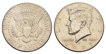 США 1/2 доллара (50 центов) 1997 D, Джон Кеннеди KM A202b медь плакированная медно-никелем aUNC 4394-1212