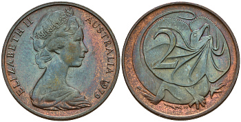 Австралия 2 цента 1979 Елизавета II (1952-2022), плащеносная ящерица (FRILLED LIZARD)  KM 63 бронза    4187-412
