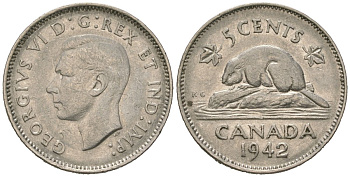 Канада 5 центов 1942 Георг VI (1936-1952), бобр KM 33 никель 4618-721