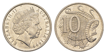 Австралия 10 центов 1999 Елизавета II (1952-2022), птица лирахвост KM 402 медно-никель 4384-251