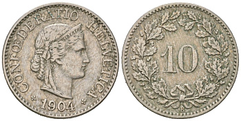 Швейцария 10 раппенов 1904 B KM 27 медно-никель 4164-1011