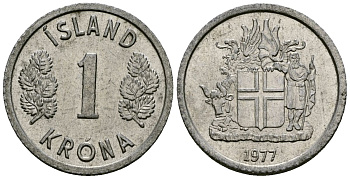 Исландия 1 крона 1977 KM 23 алюминий 4136-1021