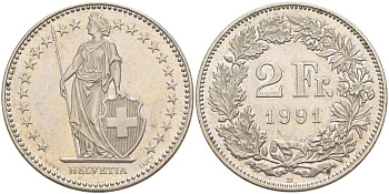 Швейцария 2 франка 1991 В KM 21а.3 медно-никель 00-00