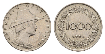 Австрия 1000 крон 1924 год-тип KM 2834 медно-никель aUNC 4669-657