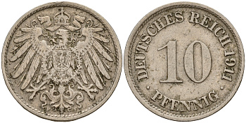 Германия 10 пфеннигов 1911 F J. 13,  KM 12 медно-никель    4603-727