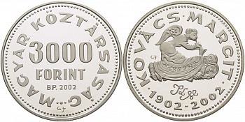 Венгрия 3000 форинтов 2002 100 лет со дня рождения Маргит Ковач (1902-1977) KM 767 серебро PROOF 01-084-23