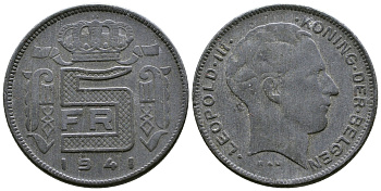 БЕЛЬГИЯ 5 ФРАНКОВ 1941 BELGEN, ГЕРМАНСКАЯ ОККУПАЦИЯ , ВТОРАЯ МИРОВАЯ ВОЙНА KM 130 цинк 179-827