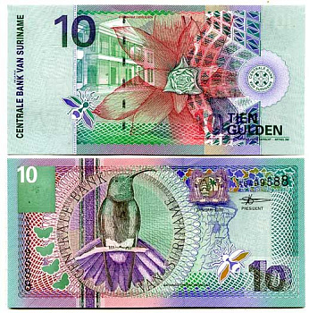 Суринам 10 гульденов 2000 колибри-манго, цветок Pick 147 бумага UNC (пресс) 447-77-1