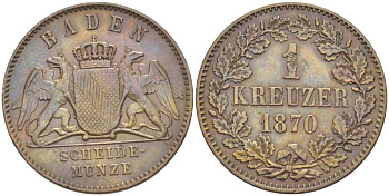 Баден 1 крейцер 1870 Великий Герцог Фридрих I (1856-1907) КМ 242 медь 117-841