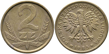 ПОЛЬША 2 ЗЛОТЫХ 1985 MW KM 80.1 латунь 110-911