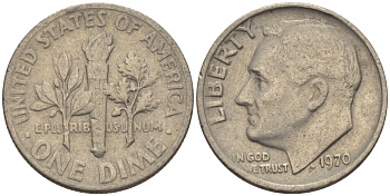 США 10 ЦЕНТОВ = 1 ДАЙМ 1970 РУЗВЕЛЬТ KM 195а медь плакированная медно-никелем 66-1115