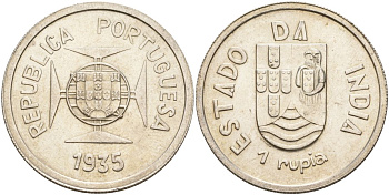 Португальская Индия 1 рупия 1935 мальтийский крест KM 22 серебро 1529-1222