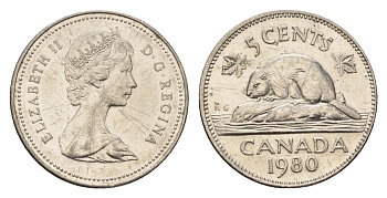 Канада 5 центов 1980 Елизавета II (1952-2022), бобр KM 60.2 никель 4611-553
