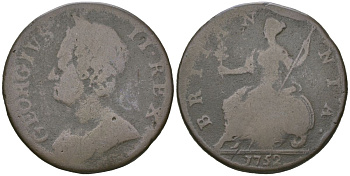 Великобритания 1/2 пенни 1752 Георг II (1727-1760) KM 579.2, Spink 3719 медь 4590-716